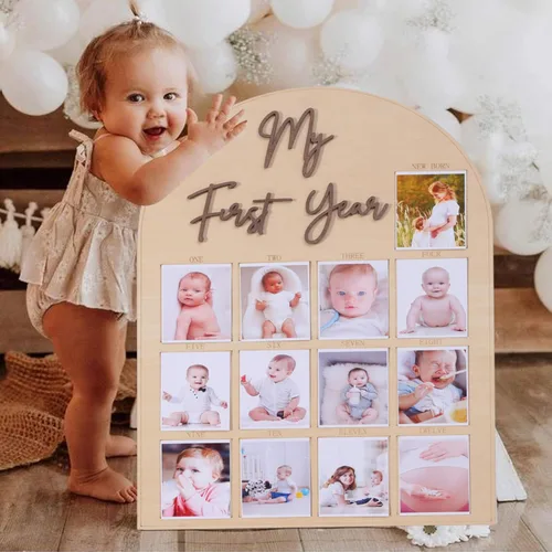 Miniatura 4 de Tablero de fotos de madera de un año, tablero de hitos del mes del primer año, decoraciones de primer cumpleaños para niña/niño, pancarta de 12 meses