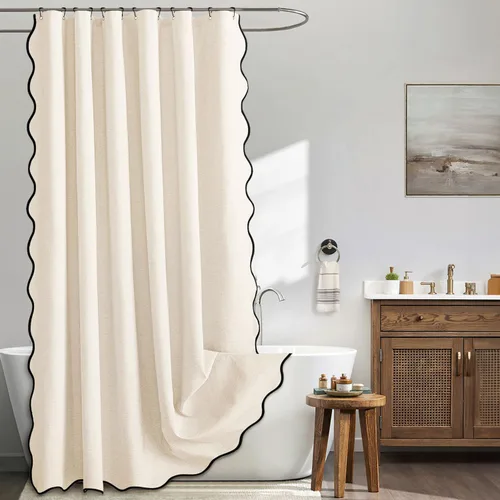Miniatura 7 de MIULEE Cortina de ducha festoneada de lino texturizado con 12 ganchos de metal, bonita cortina de ducha de tela gruesa resistente, lavable, Negro