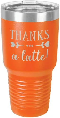 Miniatura 12 de Taza de viaje de acero inoxidable con tapa superior deslizante y pajita con texto en inglés "THANKS A LATTE 30oz Taza de viaje", compara con Yeti