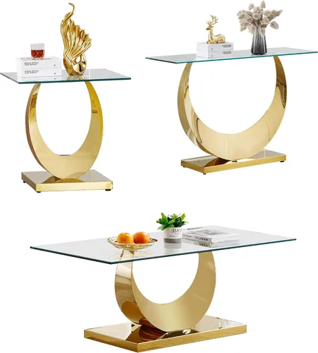 Miniatura 24 de SSLine Mesa auxiliar de cristal de lujo para sala de estar, mesa auxiliar moderna dorada con base de pedestal de acero inoxidable en forma de flor