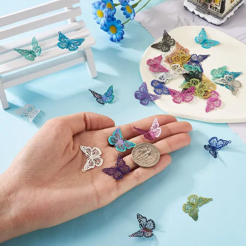 Miniatura 7 de Pandahall - 48 colgantes de acero inoxidable con diseño de mariposa y filigrana de colores, dijes de mariposa de animales, adornos de metal grabado
