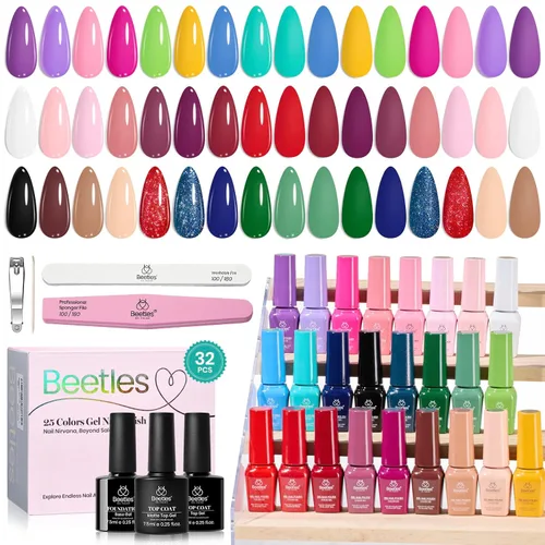 Miniatura 23 de Beetles - Set de 20 esmaltes de gel p/decoración de uñas, colección Fall Yard, purpurina naranja/marrón/rojo/azul marino, semipermanente, LED c/capa