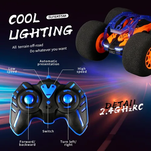 Miniatura 6 de Coches de acrobacias RC de interior con control remoto y juguetes con ruedas suaves, coches RC para niños, interior y exterior, con faro LED
