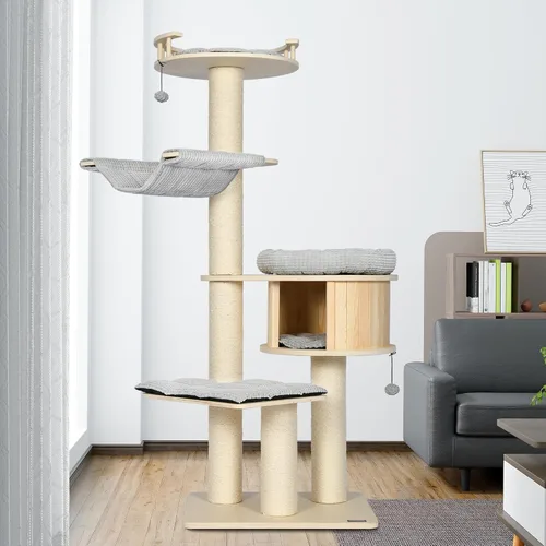 Miniatura 9 de KAMABOKO Árbol moderno para gatos, 39 pulgadas de alto para gatos de interior, condominio natural con postes rascadores, torre tejida a mano