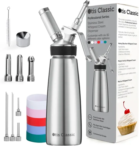 Dispensador de Crema Batida de Acero Inoxidable 304 Otis Classic, 500ml con 3 Boquillas Decorativas, 4 Puntas de Inyección y 6 Empuñaduras de Color