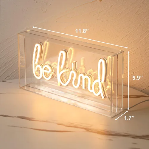 Miniatura 2 de Letrero LED de neón con texto en inglés "Be Kind", caja de acrílico blanco cálido, luz de mesa y pared, alimentada por USB, arte decorativo de neón