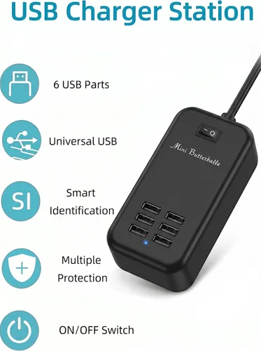 Miniatura 2 de Estación de carga USB, estación de carga de escritorio de 6 puertos para múltiples dispositivos, regleta de alimentación de pared con interruptor
