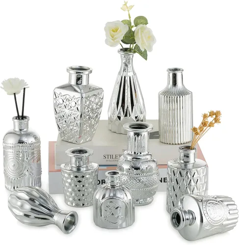 Hewory Jarrones de cristal pequeños plateados para centros de mesa, 10 piezas de jarrón plateado a granel, mini jarrón decorativo vintage de una