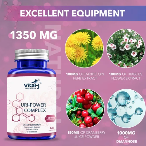 Miniatura 3 de Complejo Uri Power 4 en 1 1350mg - D Manosa, Arándano, Hibisco y Hierba de Diente de León - Limpia naturalmente la vejiga y el tracto urinario 60
