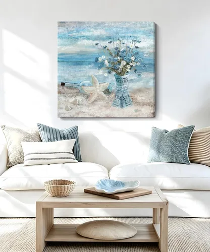 Miniatura 11 de Arte de pared para decoración de baño, imagen de playa azul, tema oceánico, impresión en lienzo de flores, pintura moderna de paisaje marino