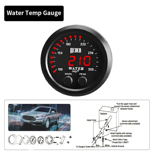 Miniatura 2 de Medidor de temperatura de agua universal de 52 mm, 100-300F (38-150C), electrónico, digital, LED, rojo, DC12V/24V, para automóvil, con adaptador