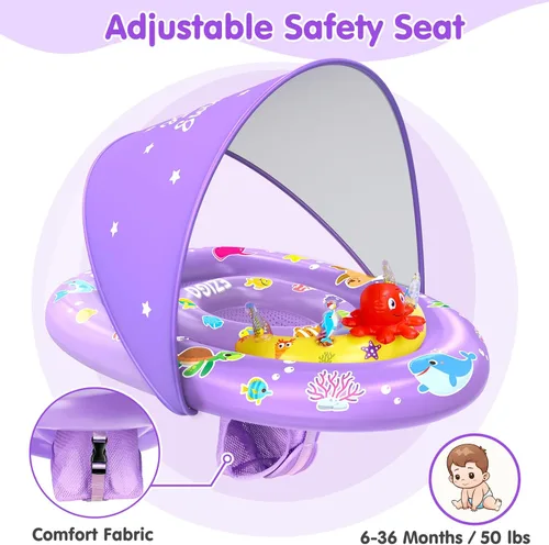 Miniatura 5 de EZIGO Baby Pool Float with Canopy UPF 50+ Sun Protection, Double Air Chambers Infants Swimming Floats with Sound Toys Adjustable Safety Seat Toddler