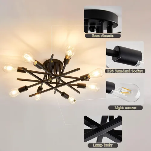 Miniatura 5 de ASGYISA Lámpara de Techo Semiempotrada de 8 Luces, Candelabro Sputnik de Metal Vintage Moderno Negro, Lámpara de Techo para Dormitorio Cocina