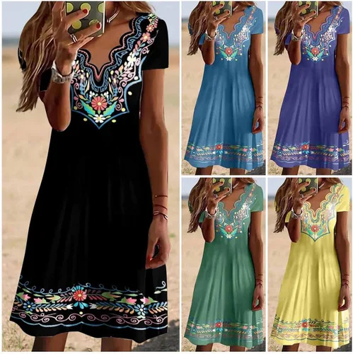 Miniatura 5 de Esopkuu Vestido de manga corta de algodón puro con estampado retro nacional, bordado con cuello en V, diseño de encaje