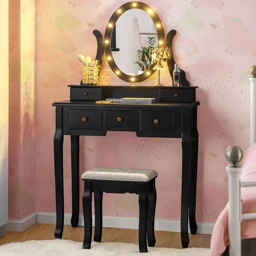 Miniatura 12 de Giantex Juego de tocador con espejo iluminado, mesa de maquillaje con 10 luces rosadas, escritorio de tocador moderno con taburete acolchado, 3