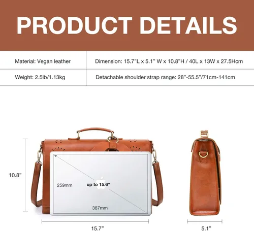 Miniatura 13 de ECOSUSI Maletín para mujer, de piel vegana, para el trabajo, bolso de hombro para computadora con lazo desmontable
