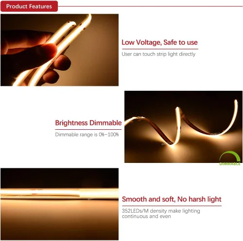 Miniatura 5 de Tira LED COB de 12 V CC de alta densidad flexible Ra90+ luces blancas cálidas 16.4 ft (luz cálida 3000 K, 320 LEDsm)