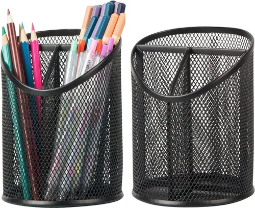 Delifox Paquete de 2 portalápices de malla redonda para lápices, organizador de escritorio, 3 compartimentos, color negro