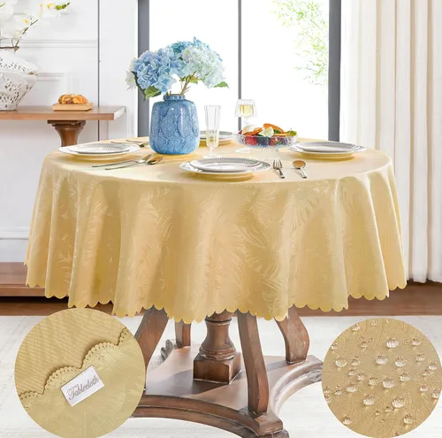 Mantel redondo de tela de 60 pulgadas, mantel con diseño de hojas, borde festoneado, mantel sedoso, impermeable, resistente a las arrugas, lavable,