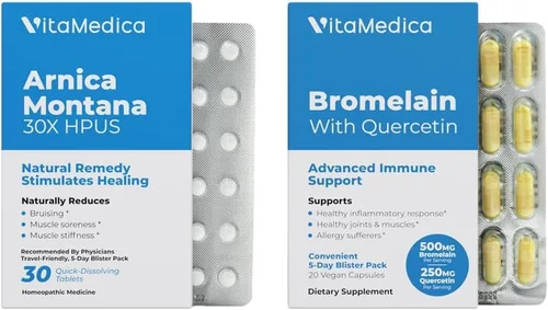 VitaMedica Paquetes Blíster de Árnica y Bromelina | para Postcirugía y Recuperación Muscular | Alivio de Moretones | Fórmulas Naturales a Base de
