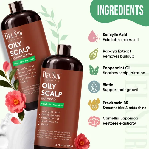 Miniatura 3 de DEL SUR Juego de champú y acondicionador aclarante para cabello graso 16 onzas líquidas con Camellia Japonica, ácido salicílico, papaya