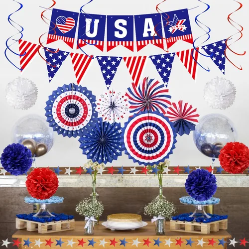 Miniatura 2 de Decoraciones de fiesta patriótica del 4 de julio, 6 abanicos de papel, 6 bolas de flores, 1 bandera de cola de golondrina de Estados Unidos, 1