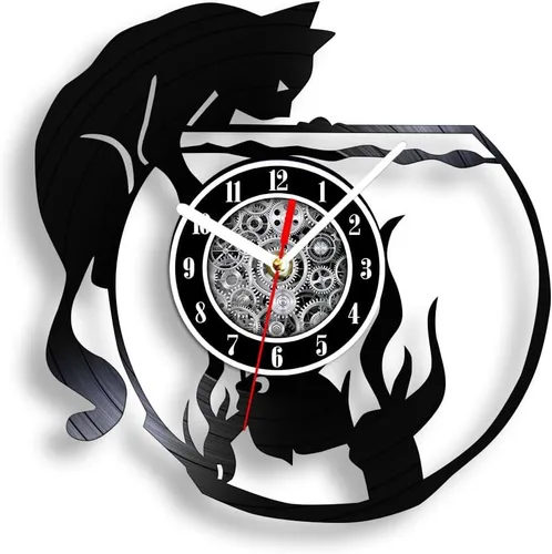 Miniatura 10 de The Geeky Days Reloj de pared con iluminación LED de gato negro con pecera, lámpara de noche para guardería, habitación de niños, gatito juguetón