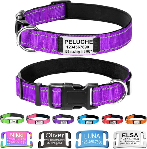 Miniatura 12 de Collares de perro personalizados con placa de nombre, etiquetas de identificación grabadas con collar de nailon reflectante, collar de neopreno