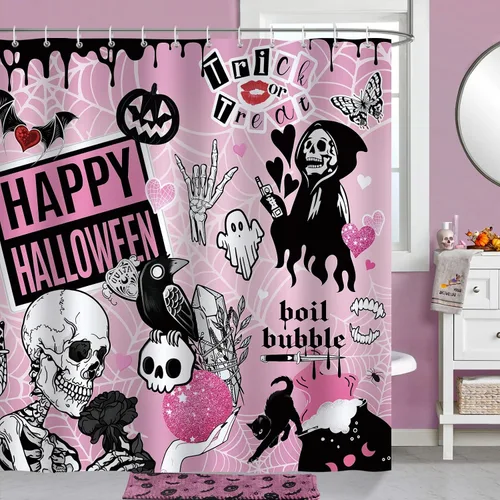 Bonhause Cortina de ducha rosa de Halloween, divertido esqueleto aterrador, murciélago, decoración de baño gótica, 72 x 72 pulgadas, tela de