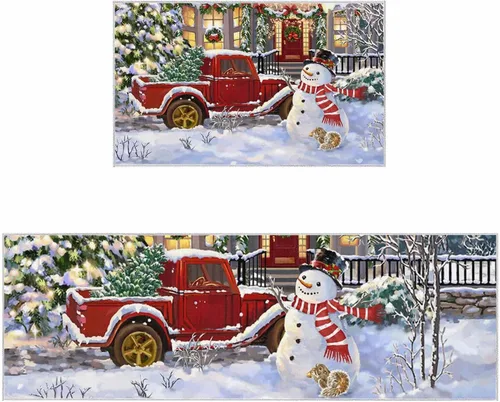 Miniatura 13 de Libaoge Juego de 2 alfombras y tapetes de cocina de invierno de Navidad para Año Nuevo, diseño abstracto de copo de nieve, alce azul, tapete