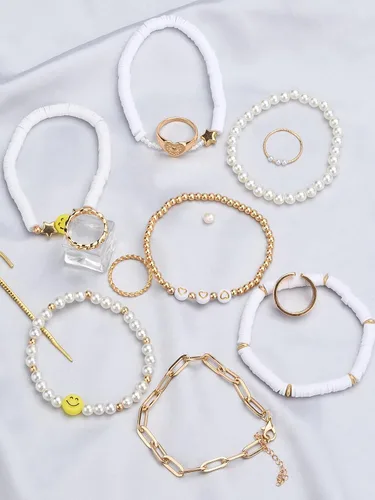 Miniatura 35 de Preppy Heishi - Juego de pulseras de surfista para niñas adolescentes, bonitos aretes estéticos, anillos estéticos preppy coloridos de oro blanco