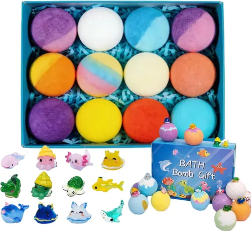 Bombas de baño naturales para niños con mega burbujas y sorpresa en el interior, paquete de 12 bombas de baño para niños con juguetes sorpresa del