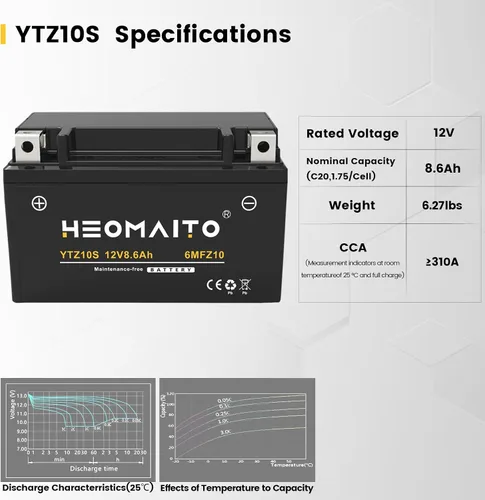 Miniatura 5 de Batería YTZ10S-BS, 12V 8.6Ah, 10HR, 310 CCA, 6MFZ10 Batería recargable sin mantenimiento SLA AGM para motocicleta, 1 paquete