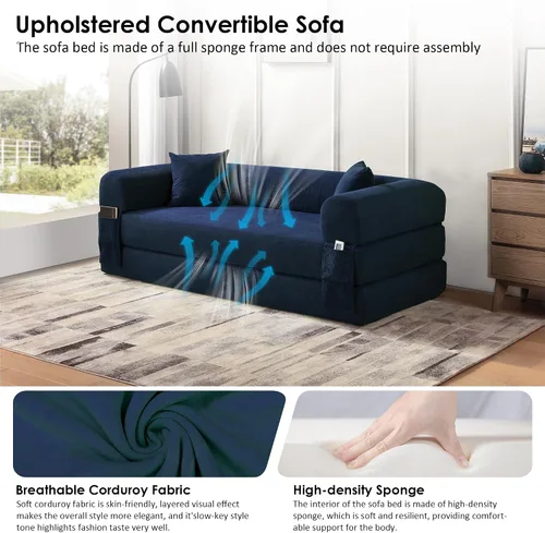 Miniatura 4 de Sofá cama convertible de 80", sofá plegable extraíble de pana 3 en 1 con almohadas, sofá moderno sin ensamblaje sin estructura con compresión