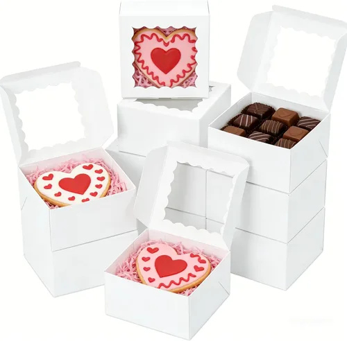XINHPKGG 50 cajas de galletas de 4 x 4 x 2.5 pulgadas, cajas de panadería con ventana, caja de postre para recuerdos de boda, fiesta, color blanco