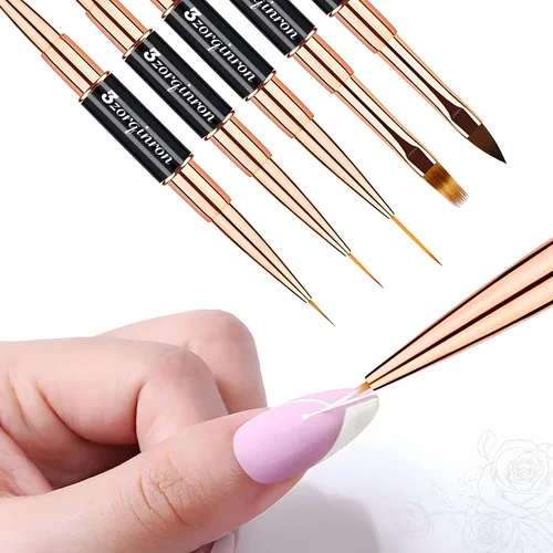 Miniatura 7 de Juego de brochas para arte de uñas, kit profesional de 5 piezas de brochas de uñas de doble punta para detalles, líneas largas, ombre y diseño 3D