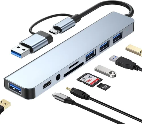 Hub USB C Hub USB 3.0, extensor USB 8 en 1 de aluminio VIENON con lector de tarjetas SD/TF, conector auxiliar de auriculares de 3.5mm para MacBook