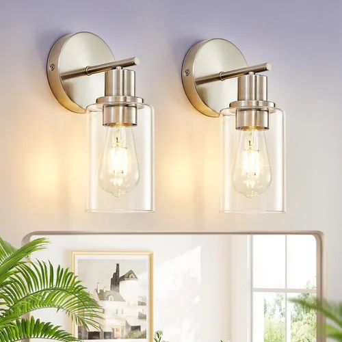 DLLT - Juego de 2 apliques de pared, modernos accesorios de tocador de baño, luces de tocador de níquel con pantalla de vidrio transparente, lámpara