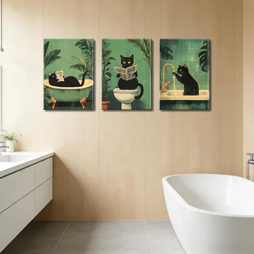 Miniatura 3 de 3 piezas de divertidos carteles de gato negro en lienzo para pared de baño Arte de pared vintage Gato se lava las patas leyendo el periódico