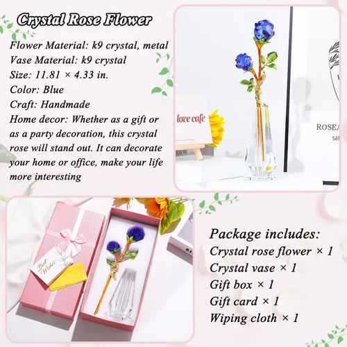 Miniatura 5 de YWHL Figura de flor de rosa azul hecha a mano con florero, ramo de flores de cristal, adorno de rosas para novia, hermana, mujer, flor de cristal