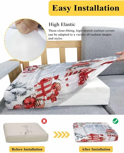 Miniatura 5 de Fundas de cojín elásticas para sofá de Navidad, diseño de muñeco de nieve, seccional/individual/en forma de L, funda protectora para muebles