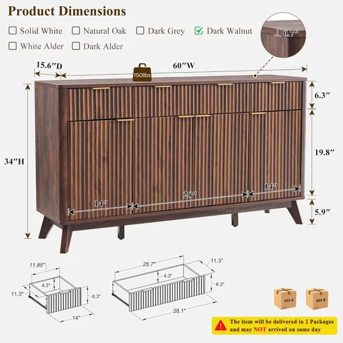 Miniatura 2 de T4TREAM - Aparador de buffet estriado con almacenamiento, mesa de aparador moderna grande de 60" con barra de café, barra de vino, gabinete de Nogal