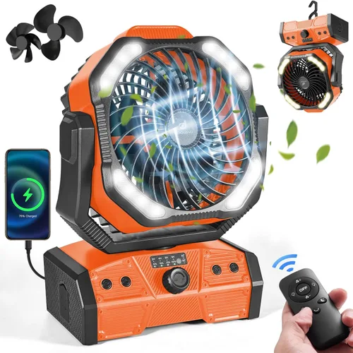 Miniatura 11 de Odoland Ventilador de campamento de 40000 mAh con luz LED, ventilador de escritorio oscilante a batería con control remoto y gancho, ventilador Verde