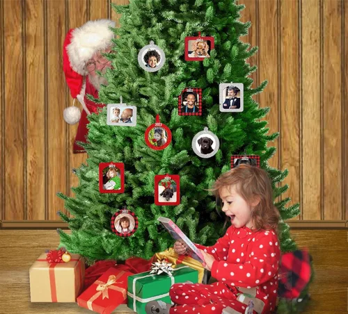 Miniatura 5 de Adornos de foto 2025 para árbol de Navidad, adorno de marco navideño con purpurina brillante, diseño magnético de carga fácil, incluye cinta