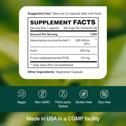 Miniatura 5 de Fresh Nutrition Akkermansia Muciniphila Probiotic 500M AFU para producción de GLP-1 - Suplemento probiótico pre + - 30 cápsulas