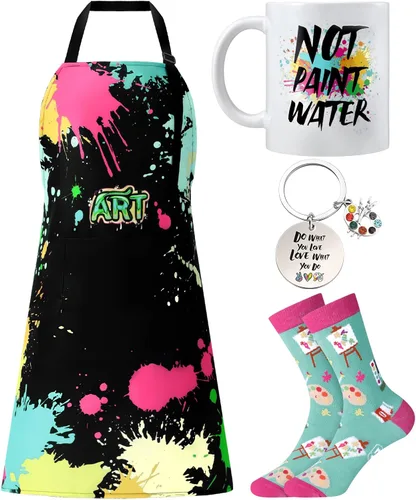 Mepase Juego de 4 piezas de regalo para profesores y artistas para pintar, incluye delantal de pintura impermeable, llavero, taza, calcetines
