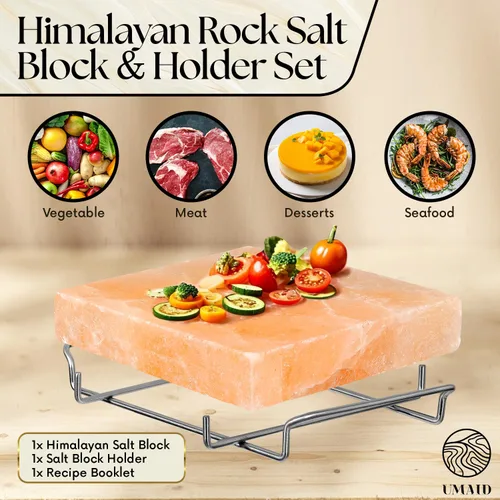Miniatura 3 de UMAID Bloque de sal del Himalaya para asar, cocinar, cortar y servir, piedra de sal rosa del Himalaya de grado alimenticio de 8 x 8 x 1.5 pulgadas