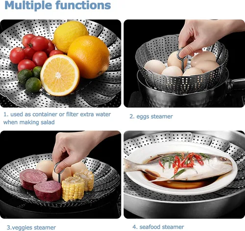 Miniatura 6 de Cesta de vapor de verduras de acero inoxidable 304, inserto expandible para cocinar, se adapta a ollas de 6.4 a 10.2 pulgadas, incluye pinzas