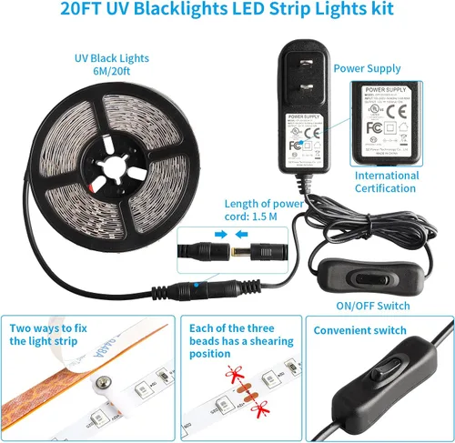 Miniatura 5 de YQNLIFA Tira de luz negra de 20 pies, 360 cuentas de lámpara, kit de luz negra LED flexible, tiras de luz negra de 12 V, no impermeable