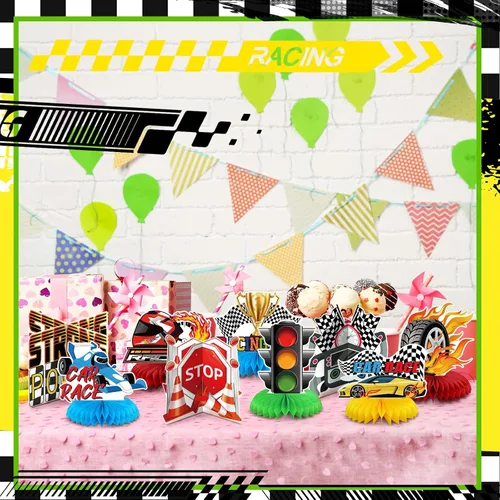 Miniatura 3 de 12 piezas temáticas de decoración de fiesta de cumpleaños de coche de carreras, centros de mesa 3D de doble cara para cabina de fotos, suministros